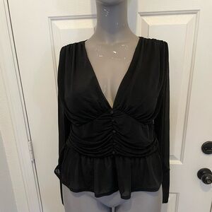 Black blouse draped and fitted plunged neck line size 14